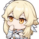 Lumine from Genshin Impact in a chibi style, resting her chin on her hand with a suspicious and thoughtful expression.