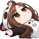 Anime girl wearing a panda hoodie lying on her back with a bored and exhausted expression.