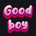 The words Good boy written in a bubbly pink 3D font against a black background.