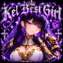 Anime girl with long dark hair wearing a crown and white outfit with glowing purple effects.