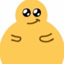 A round yellow blob character with large shiny eyes and a small, smug, satisfied smile.