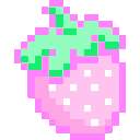 Two pixelated strawberries with pink bodies and mint green leaves.