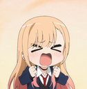 Anime girl with blonde hair in a school uniform shouting with eyes closed and fists clenched in frustration.