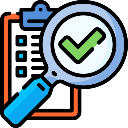 Magnifying glass hovering over a clipboard with a green checkmark.