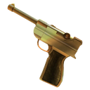 A golden Luger pistol angled towards the top left corner.