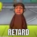 A human face with a blank expression edited onto a creature body with the word RETARD in bold white text underneath.