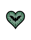 A sage green heart shape containing a black bat silhouette and small black cross patterns.