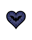 A purple heart shape containing a black bat silhouette and small black crosses.
