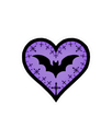 Heart shape in purple with a black bat silhouette and small crosses in the center.