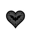 Heart shape in black and gray featuring a central bat silhouette and small star accents with a white border.