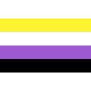 Non-binary pride flag with yellow, white, purple, and black horizontal stripes.