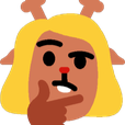 A cartoon deer with yellow hair and brown fur resting its chin on its hand in a thinking pose.