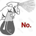 A hand holding a spray bottle with the word No written in red text next to it.