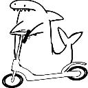 A simple black and white line-art drawing of a shark riding a kick scooter.