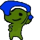 Green creature character removing its blue shirt in a playful, repetitive motion.