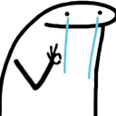 A white stick figure with a simple face and blue tears streaming down its cheeks, holding up an okay hand gesture.