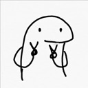 A simple line-art character with a blank face holds up both hands in peace signs.