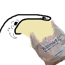 A crude white doodle character with a wide open mouth aggressively biting into a plastic shopping bag.