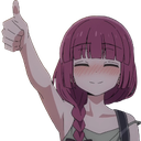 Anime girl with pink hair smiling and blushing while giving a thumbs up gesture.