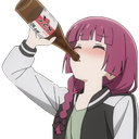 A pink-haired anime girl with a flushed face enthusiastically drinking from a brown bottle.