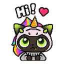 A cute dark-furred cat wearing a rainbow unicorn onesie with a horn, saying hi with a small pink heart above its head.