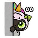 A cat wearing a unicorn horn peeking around a gray wall with large green eyes.