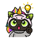 A cute black cat wearing a unicorn horn and rainbow mane has a glowing lightbulb appearing above its head, indicating a brig…
