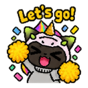 A black cat wearing a unicorn hood cheering with yellow pom-poms amidst colorful confetti.