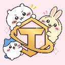 A white bear, a yellow rabbit, and a small blue-eared cat smiling happily while surrounding a large golden letter T emblem.