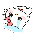 Hello Kitty crying with large tears streaming down her face while wearing a pink bow.