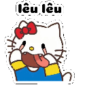 Hello Kitty sticking her tongue out and pulling her eyelids down in a teasing gesture.