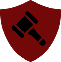 A black judge's gavel centered on a dark red shield icon.