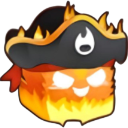 A square-shaped character with a fiery body and a pirate hat wearing a mischievous grin.