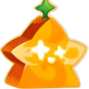 A stylized star-shaped fruit with a green stem and glowing white sparkles on its surface.
