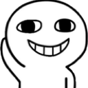 Stick figure with a wide, toothy grin and one hand raised to its head.