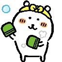 A cute white cartoon character wearing a yellow headband and green scrubbing mitts, scrubbing vigorously with bubbles floa...