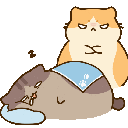 A grumpy hamster with crossed arms stands behind a sleeping cat that is lying on a blue pillow.