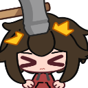A cartoon character with brown hair and a red hoodie getting hit on the head with a large gray hammer.