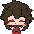 Character with brown hair and a red hoodie blushing while floating hearts appear around their head.