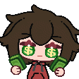 A cartoon character with dollar signs in their eyes waving stacks of green cash.