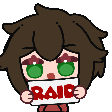 Chibi character with brown hair and green eyes holding a sign that says RAID in red letters.