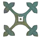 Stone cross emblem with a weathered texture and pixelated edges.