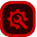 A red gear icon with a wrench overlaid on a dark red rounded square background.