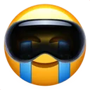 A yellow smiley face wearing a black visor and crying blue tears.