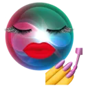 A glowing sphere with long eyelashes and bright red lips looking smug.