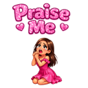 A young anime girl with brown hair kneeling and clasping her hands together with a hopeful expression, with the text Praise …