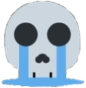A stylized gray skull with large blue eyes shedding streams of blue tears.