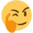 Yellow emoji face with a smirk and one finger tapping its temple in a thinking gesture.