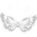 White feathered wings positioned below a glowing purple halo.