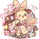 A cute, winking bunny wearing a straw hat and explorer outfit holds a map while standing in a flowery, pink-themed environ...